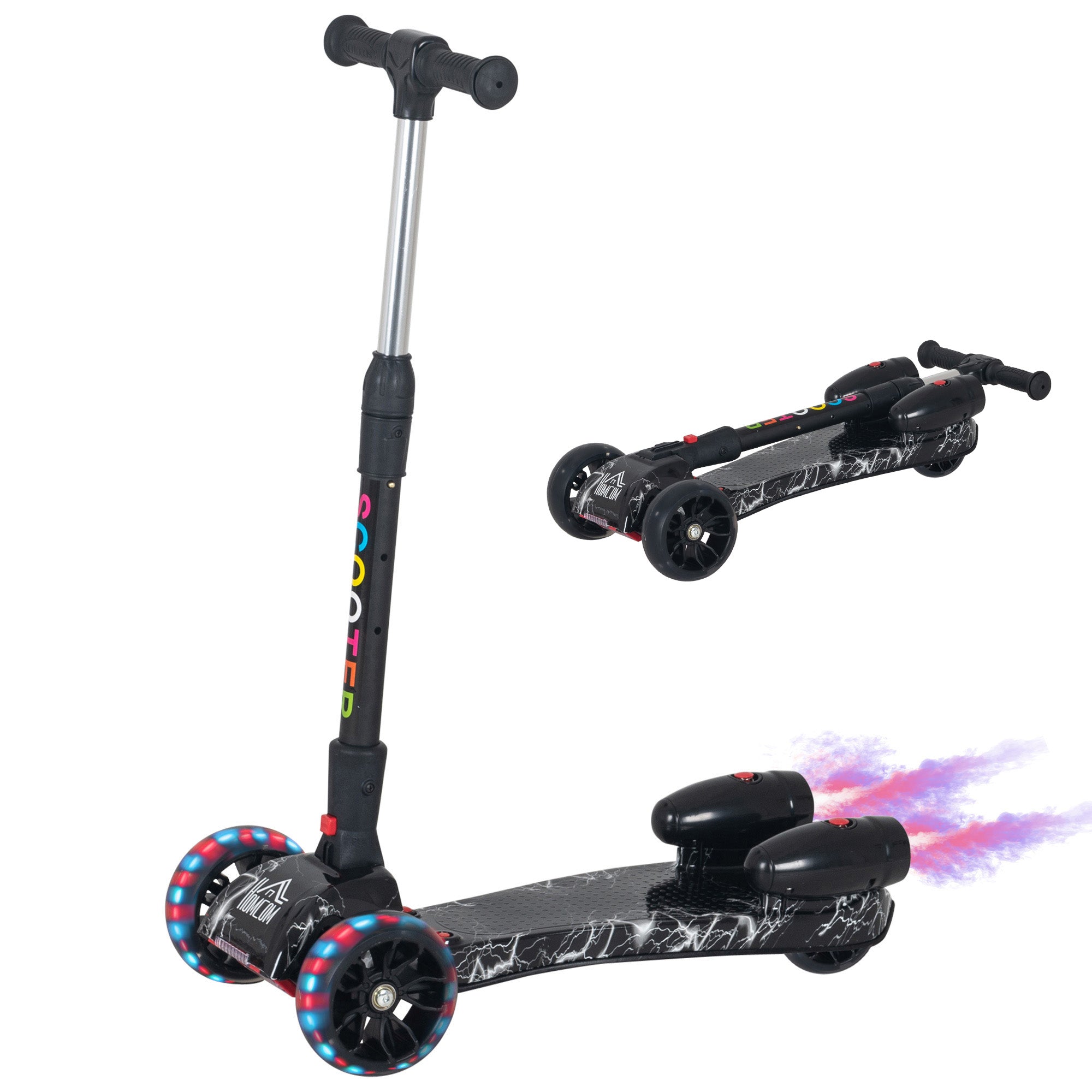 HOMCOM Kids 3 Wheel Plastic Scooter Adjustable Height w/ Engine-Look Water Spray Black 