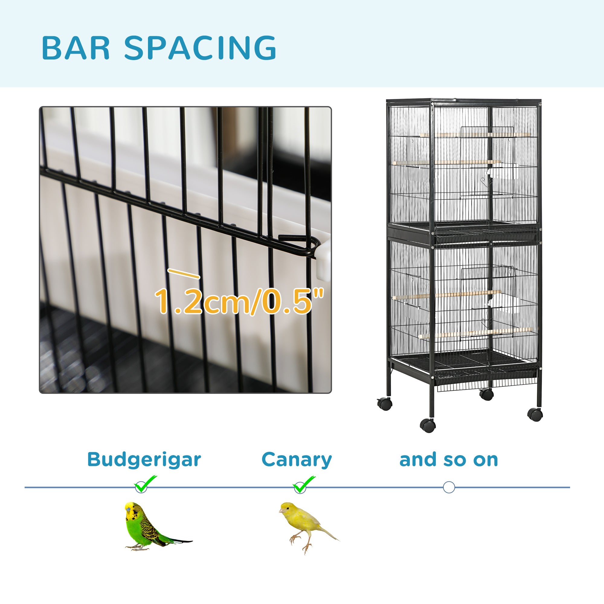 PawHut Bird Cage Budgie Cage 2 In 1 Large Aviary with Wheels Removable Trays for Finch Canaries Cockatiels Black
