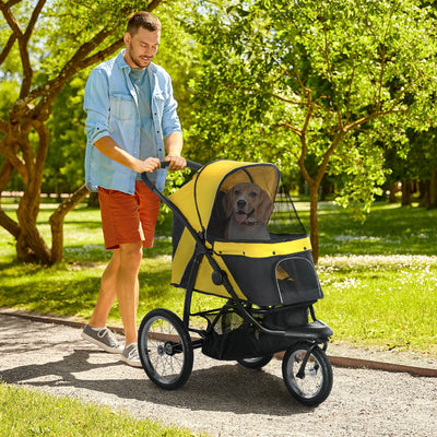 PawHut Foldable Pet Stroller Jogger, with Three Wheels, Canopy, for Medium and Small Dogs, Yellow 