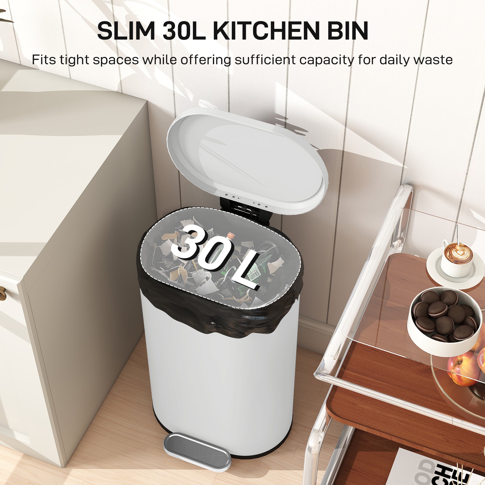 HOMCOM 30 L Modern Curved Kitchen Bin - Cream 