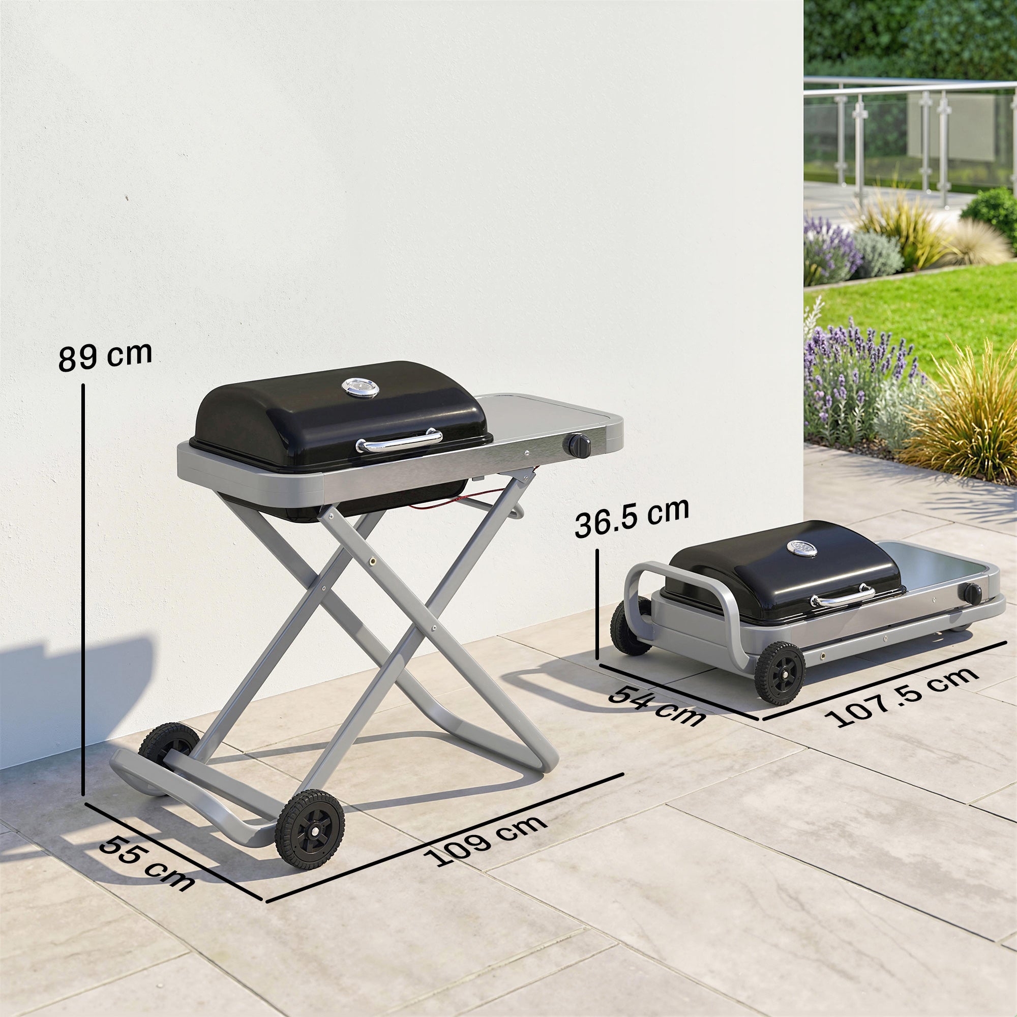 Outsunny Foldable Gas BBQ Grill with Side Table, Portable Gas Barbecue Grill with Thermometer, Grease Box, Wheels, 2.5 kW, Black 