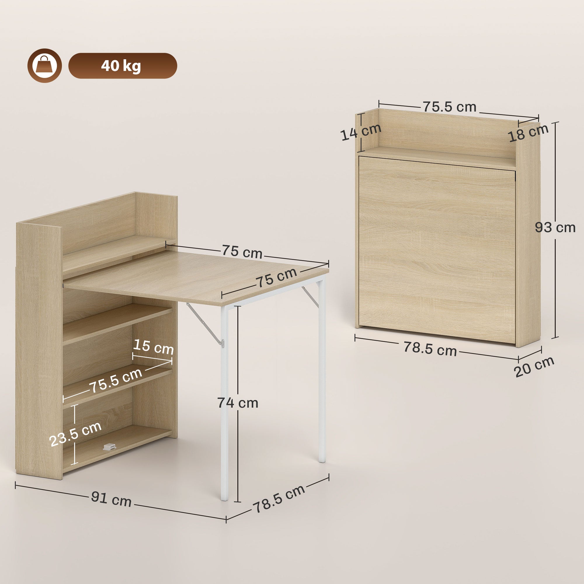 HOMCOM Kitchen Table, Folding Dining Table, with 4-Tier Shelves, Modern Drop-Leaf Table, Oak Wood Effect 