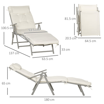 Outsunny Sun Lounger Steel Frame Outdoor Folding Chaise Texteline Lounge Chair Recliner with Headrest & 7 Levels Adjustable Backrest, Cream White 