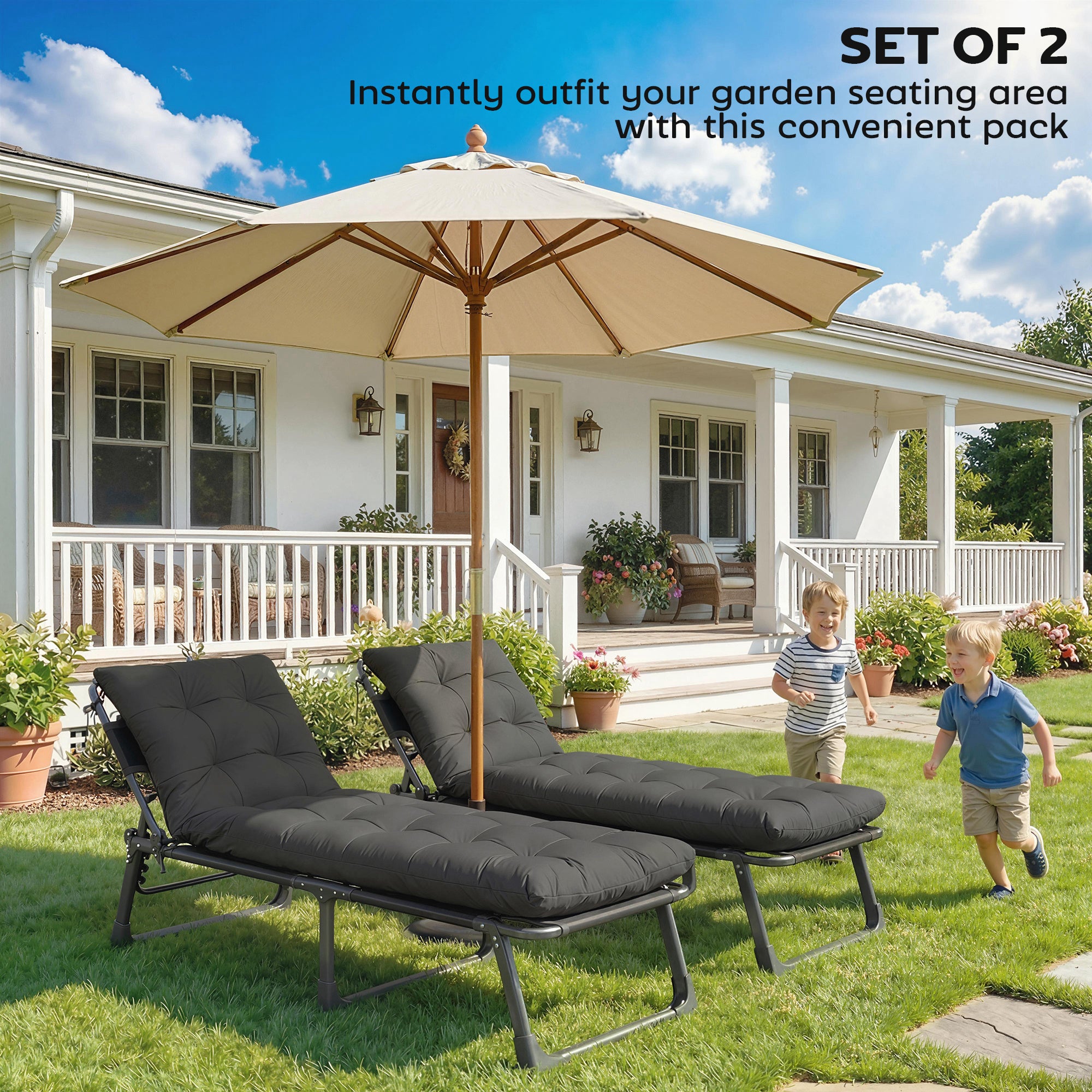 Outsunny Sun Lounger Cushions Only, Garden Lounge Chair Cushions Set of 2, Sunbed Replacement Pads with 4 Ties, Dark Grey 