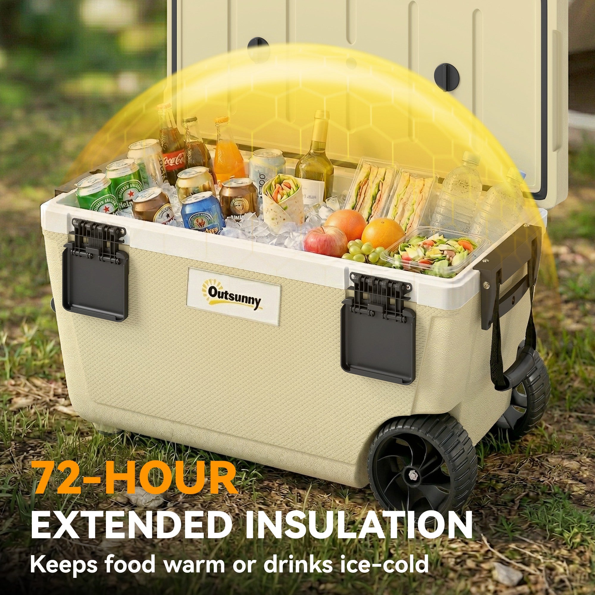 Outsunny 70L Insulated Cool Box with Wheels, Portable Ice Cooler with Handle, Lid and Drain Valve, Khaki 