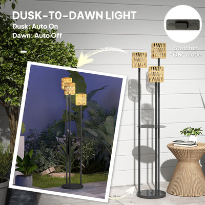 Outsunny Boho Rattan Floor Lamp, 3-Lights Rattan Lamp with Shelf, Freestanding Solar Garden Light with Auto On/Off Lights, IP44 Waterproof for Porch, Pathway, Deck, Yellow 