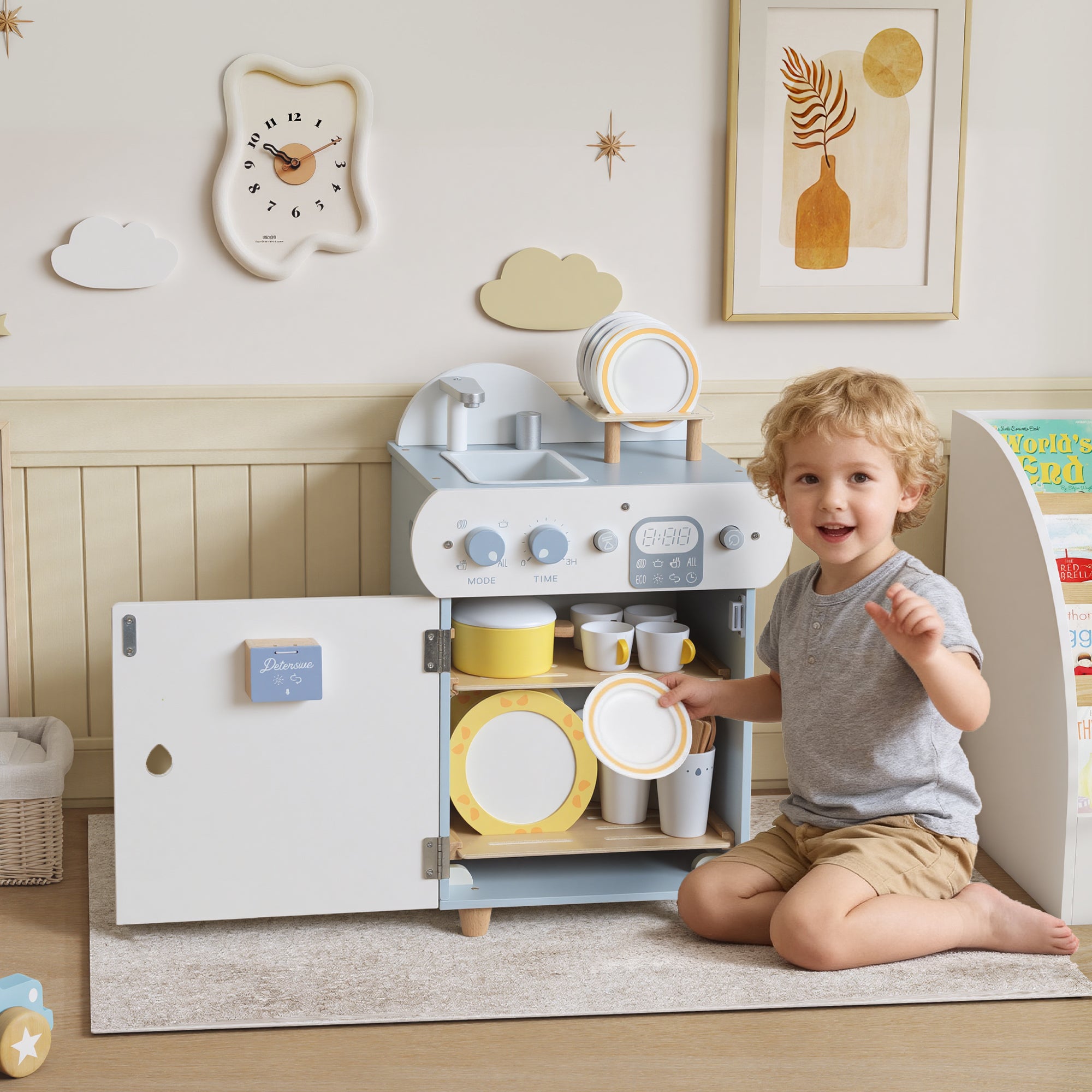 AIYAPLAY Wooden Dishwasher Playset, Kitchen Sink Toys with Faucet, Sink and Accessories, Gift for Boys Girls Toddlers 