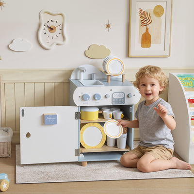 AIYAPLAY Wooden Dishwasher Playset, Kitchen Sink Toys with Faucet, Sink and Accessories, Gift for Boys Girls Toddlers 