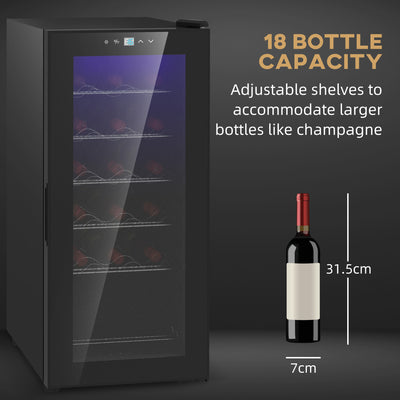HOMCOM 50L Wine Cooler, 18 Bottles Freestanding Wine Fridge with Glass Door, LED Light, Temperature Control and Digital Touch Screen, Black 