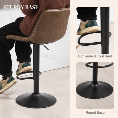 HOMCOM Bar Stools Set of 2, Retro Adjustable Kitchen Stool, Swivel PU Leather Upholstered Bar Chairs with Back, Footrest and Steel Base, Brown 