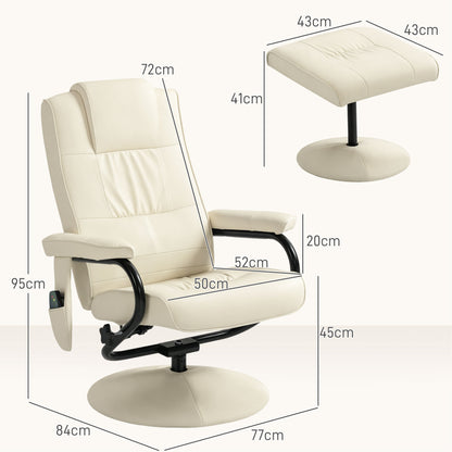 HOMCOM Swivel Recliner Chair and Footstool, Faux Leather Massage Recliner Armchair with Remote Control and Round Wrapped Base, Cream White