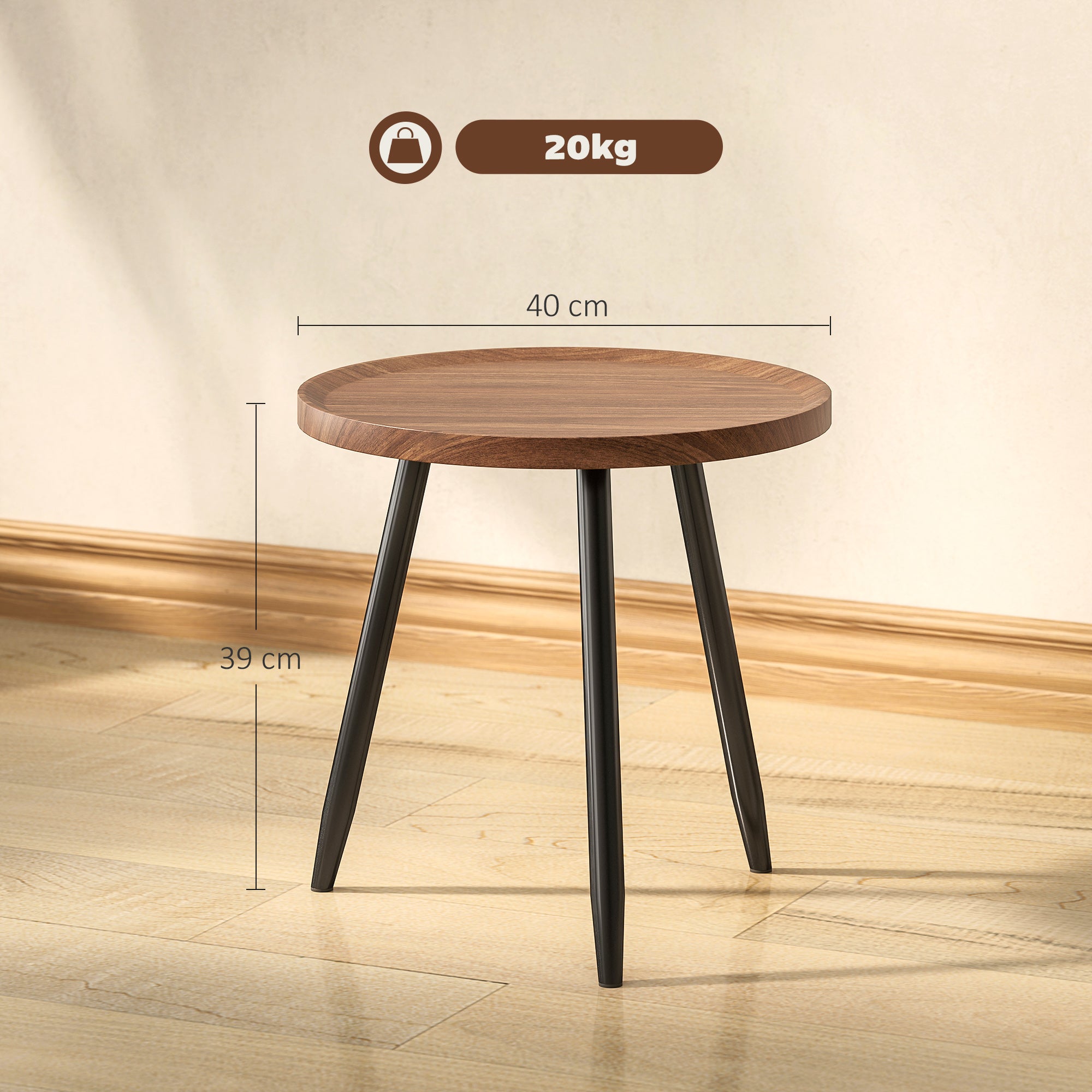 HOMCOM Modern Round Coffee Table with Steel Frame for Small Space, Sofa Beside, Living Room, Bedroom, Chestnut Wood Effect