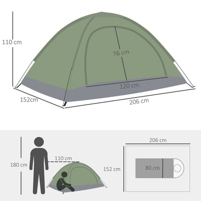 Outsunny 2 Person Camping Tent, Camouflage Tent with Zipped Doors, Storage Pocket, Portable Handy Bag, Dark Green 