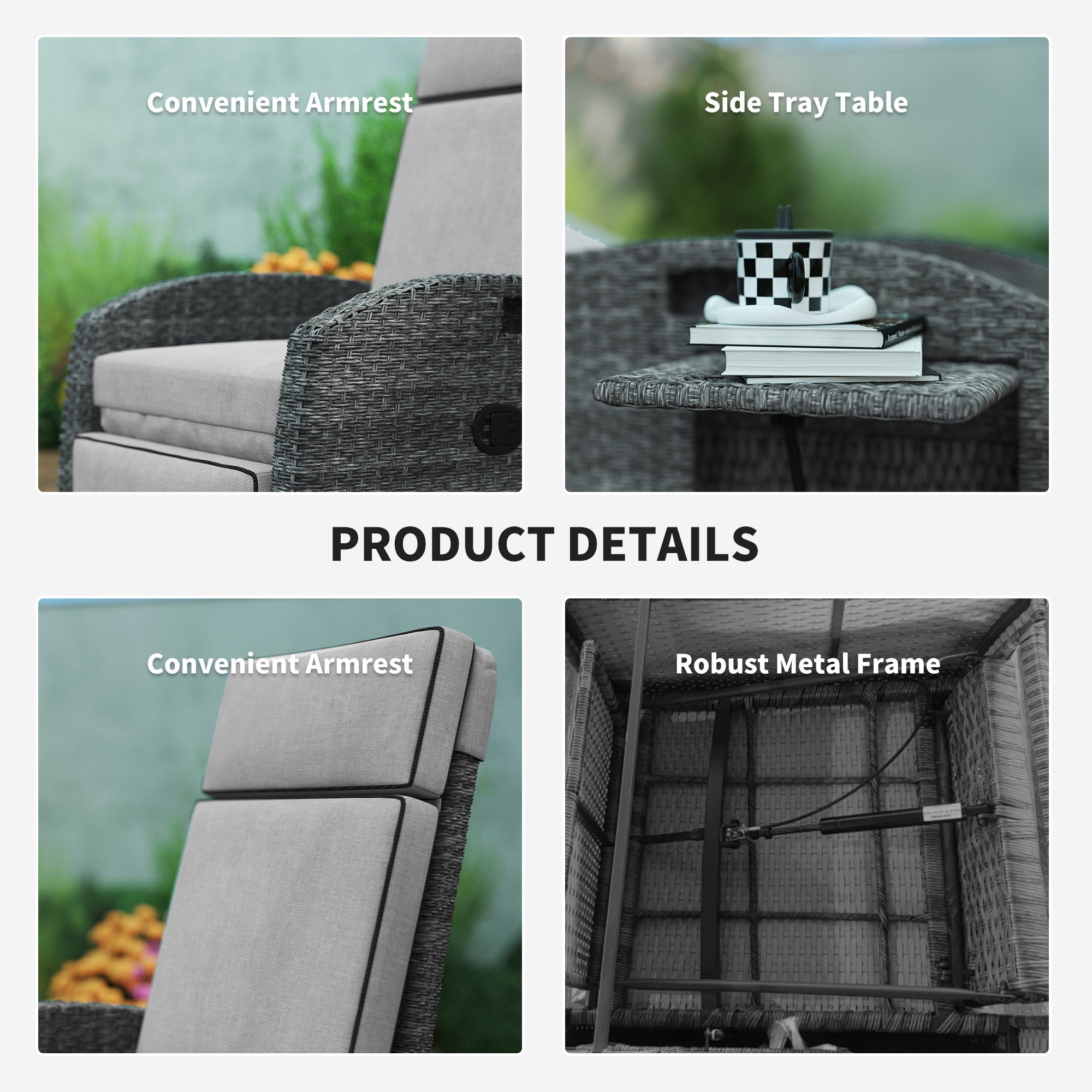 Outsunny Outdoor Recliner Chair with Adjustable Backrest and Footrest, Cushion, Side Tray, Light Grey 