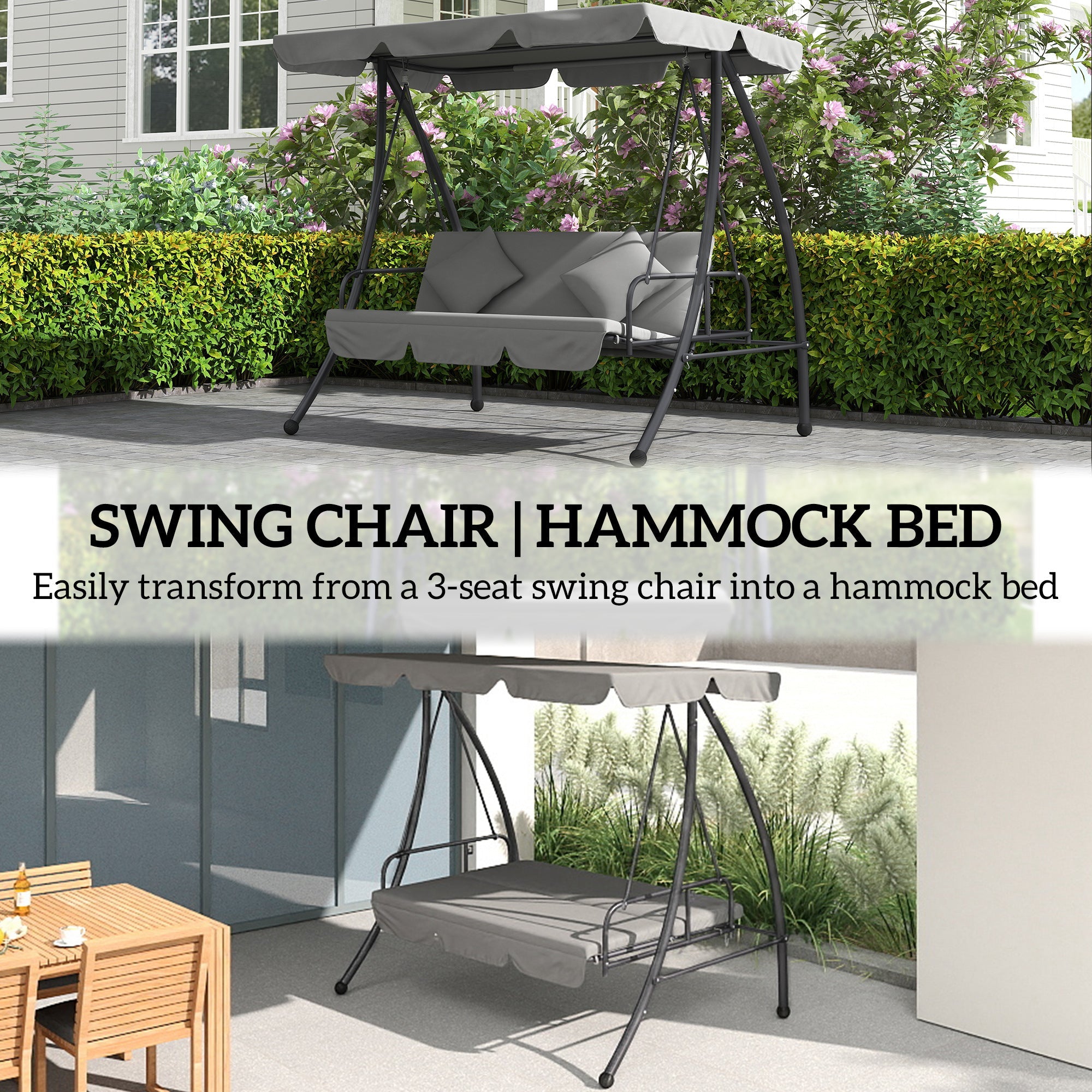 Outsunny Outdoor 2-in-1 Swing Chair Lounger 3 Seater Garden Swing Seat Bed Convertible Tilt Canopy W/ Cushion, Light Grey 