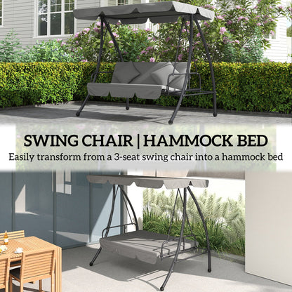 Outsunny Outdoor 2-in-1 Swing Chair Lounger 3 Seater Garden Swing Seat Bed Convertible Tilt Canopy W/ Cushion, Light Grey 