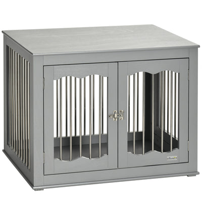PawHut Dog Crate End Table Furniture Style Dog Cage w/ Three Doors, Locks and Latches - Grey 