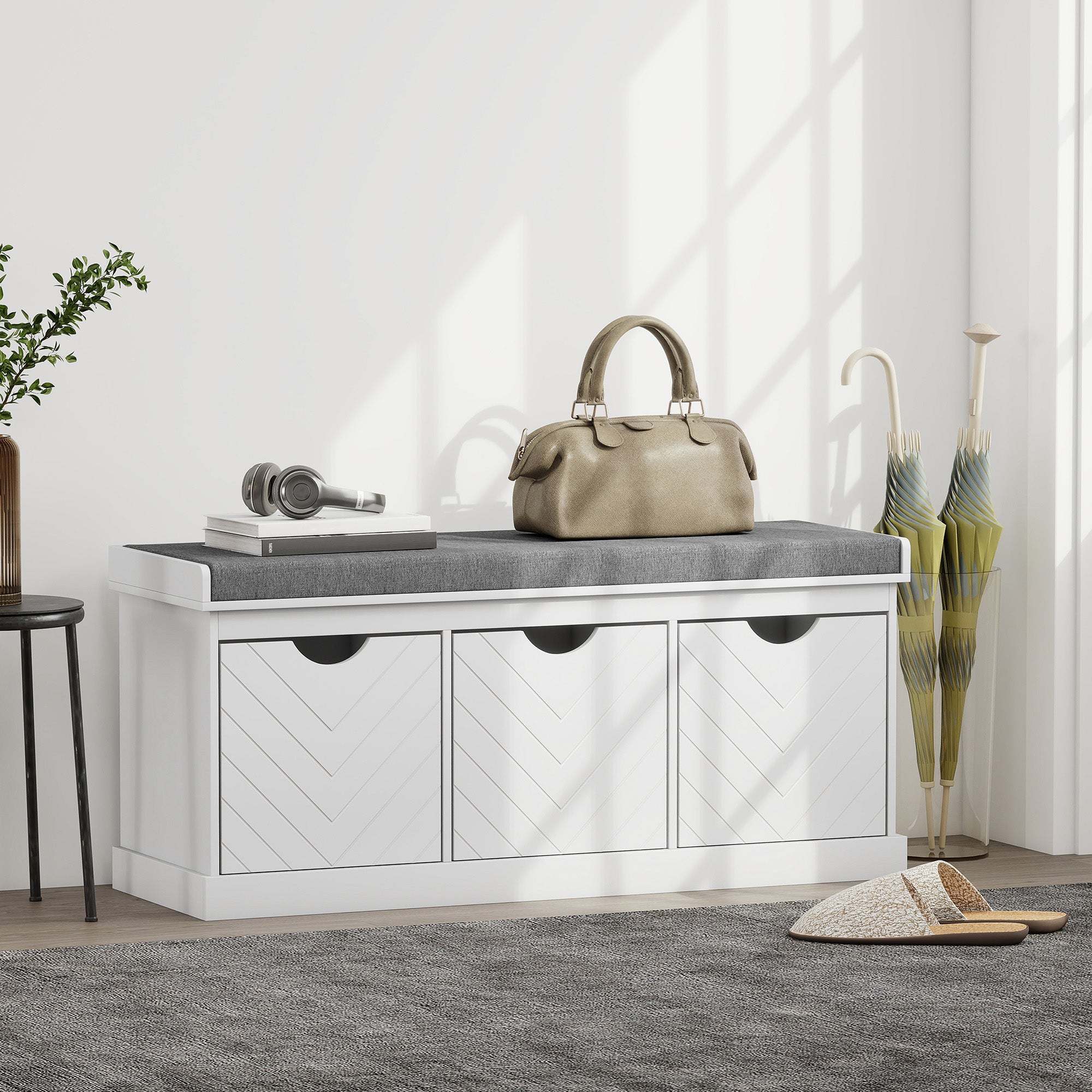 HOMCOM 3-Drawer Padded Shoe Bench with Breathable & Washable Linen-look Cover, White 