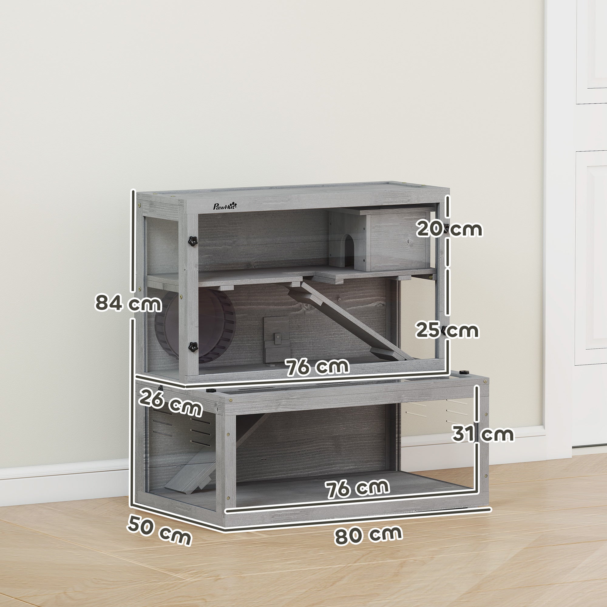 PawHut Wooden Hamster Cage with Hut, Wheel, Ramps, Removable Viewing Panels, 80 x 50 x 84 cm, Grey 
