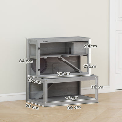 PawHut Wooden Hamster Cage with Hut, Wheel, Ramps, Removable Viewing Panels, 80 x 50 x 84 cm, Grey 