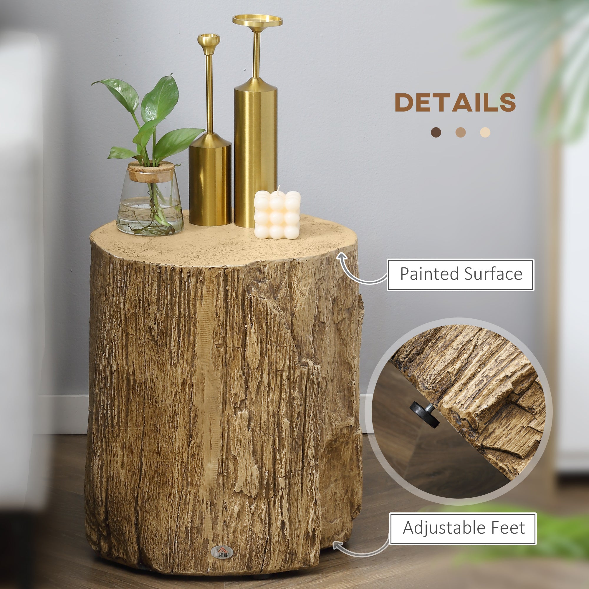 HOMCOM Tree Stump End Table, Round Concrete Side Table for Indoor and Outdoor Use, Natural Wood Effect 