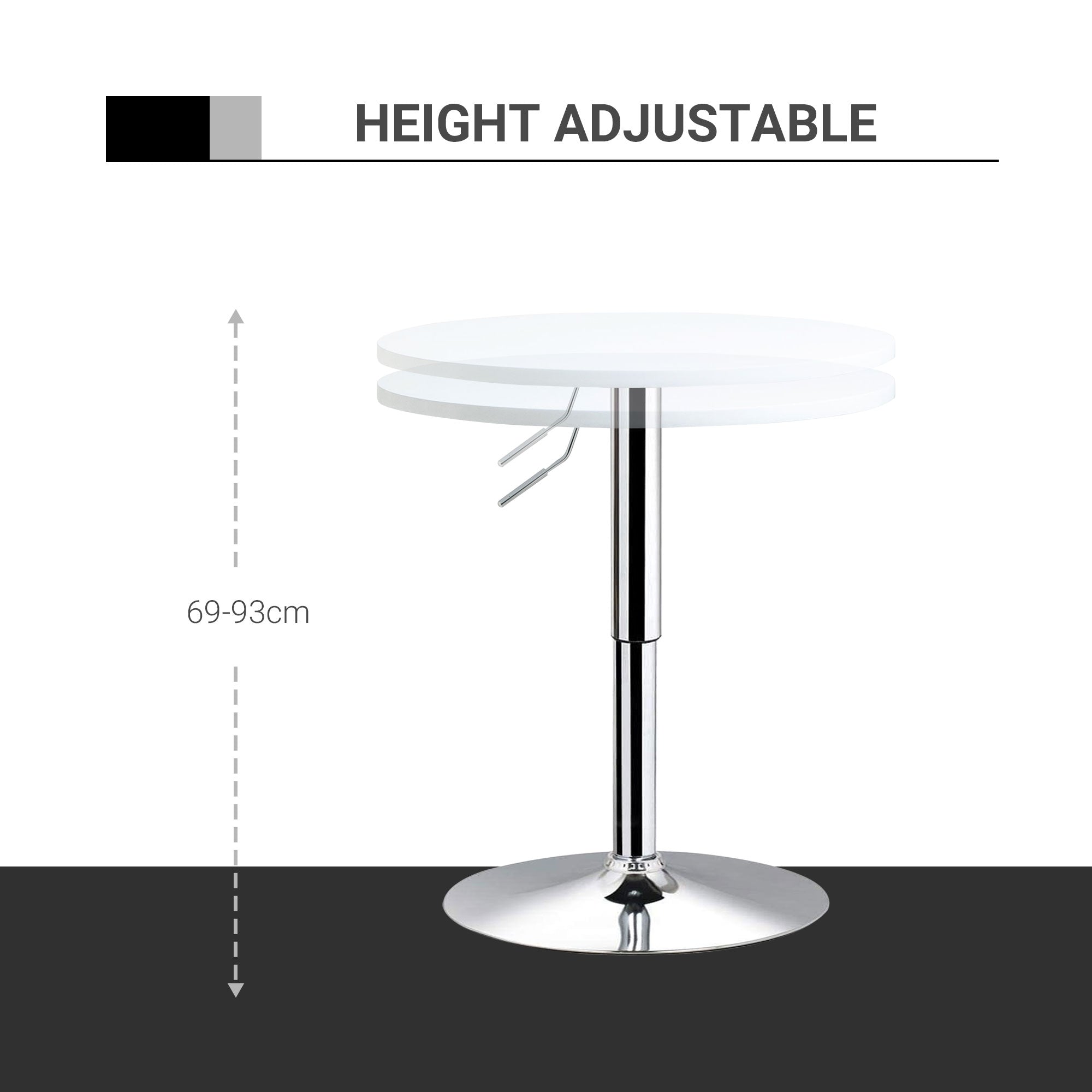 HOMCOM Bar Table Φ60cm Adjustable Height Round Bistro Table w/ Swivel Top Metal Frame Counter Surface Stylish Kitchen Conservatory White 