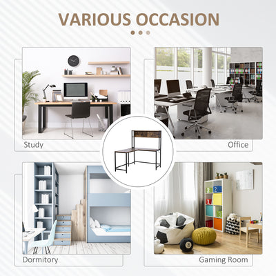 HOMCOM Reversible L Shaped Desk with Hutch, Industrial Computer Desk, Corner Desk with Storage Compartments and Steel Frame for Home Office, Study, 140 x 125cm, Brown 
