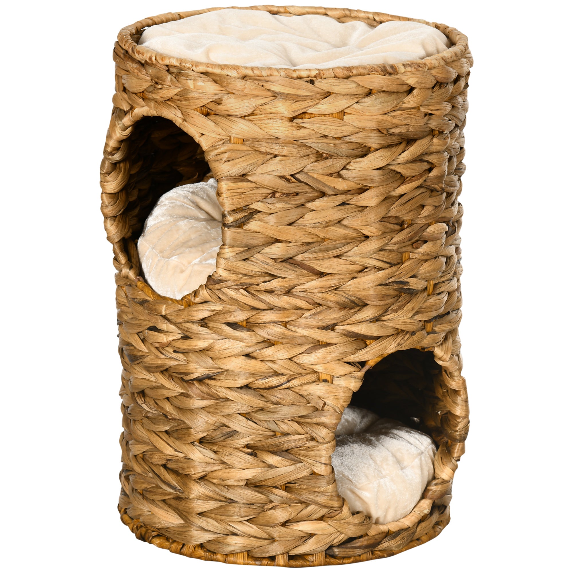 PawHut 47cm Cat Barrel Tree for Indoor Cats with 2 Condos, Kitten Tower with Cushion - Light Brown 