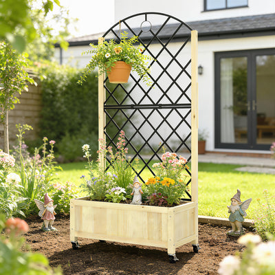 Outsunny Raised Garden Bed with Metal Trellis, Wooden Elevated Planter Box with Lockable Wheels, Outdoor Raised Planter, Natural 