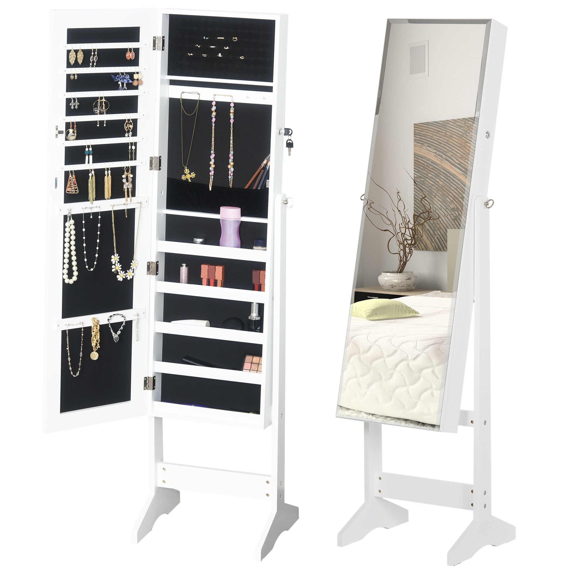 HOMCOM Jewelry Cabinet Standing Mirror Full Length Makeup Lockable Armoire Storage Organizer White 