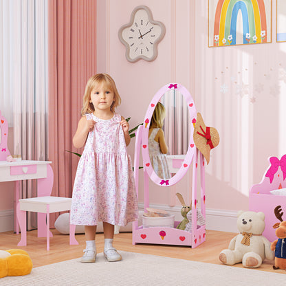 AIYAPLAY Kids Full Length Mirror, 360\'c2\'b0 Rotating Children Standing Mirror with Storage Shelf, Hot Pink