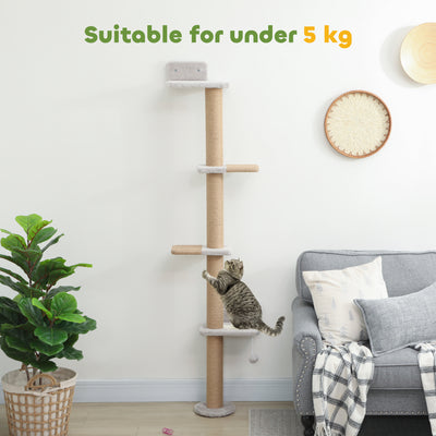 PawHut Wall Mounted Cat Shelves, Cat Climbing Wall with 4 Climbing Platforms, Jute Scratching Post and Toy Ball,180cm Tall, Light Grey 