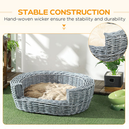 PawHut Wicker Pet Bed Willow Dog Cat Sofa Couch Puppy Basket with Cushion Grey 57L x 46W x 17.5H cm 