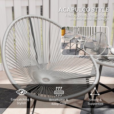 Outsunny 3 Pieces Rattan Bistro Set, Garden Bistro Set with Acapulco Chairs and Glass Top Table, Small Garden Furniture Set with Reinforced Metal Frame for Outdoor, Patio, Balcony, Grey 
