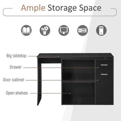 HOMCOM L-Shaped Desk, Corner Computer Desk, Adjustable Study Table with Storage Shelf, Drawer and Cabinet, Workstation for Home Office, Black Wood Grain 