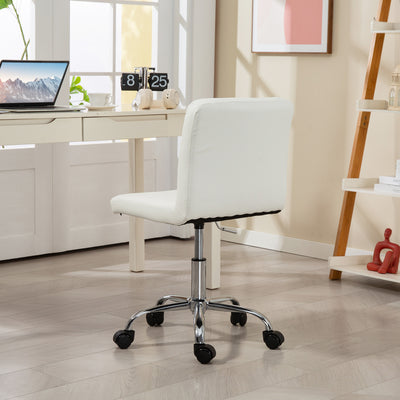 HOMCOM PU Leather Armless Office Chair, Modern Vanity Computer Swivel Chair with Rolling Wheels and Adjustable Height for Home Study, Bedroom, White 