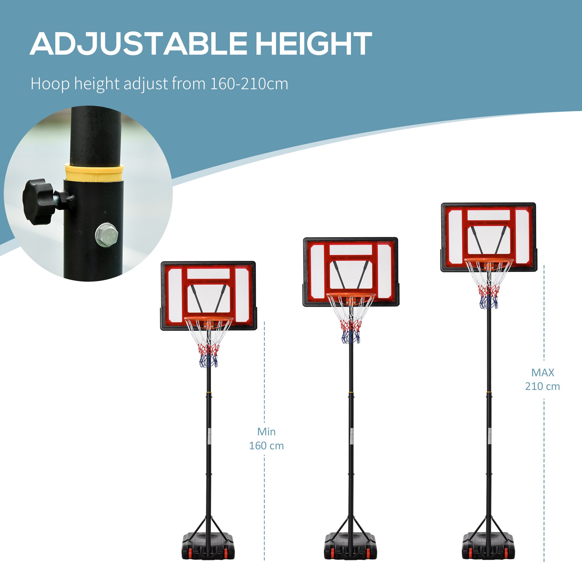 HOMCOM Portable Basketball Hoop Stand 160-210cm Adjustable Height Sturdy Rim Hoop w/ Large Wheels Stable Base & Net Free Standing 