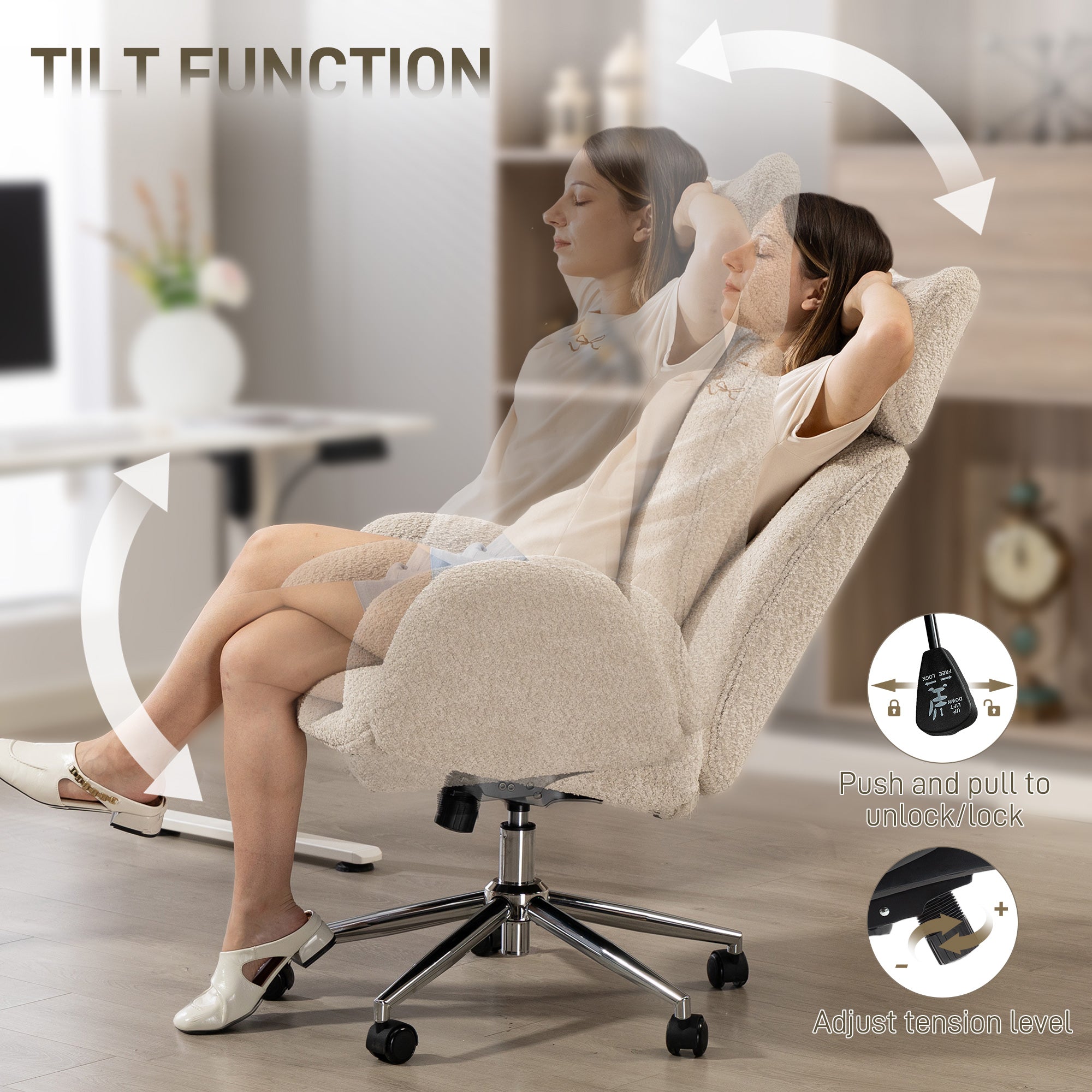 HOMCOM Office Chair with Adjustable Headrest, Spring Pack, Curved Line, Boucle Fabric - Pale Grey 