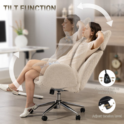 HOMCOM Office Chair with Adjustable Headrest, Spring Pack, Curved Line, Boucle Fabric - Pale Grey 
