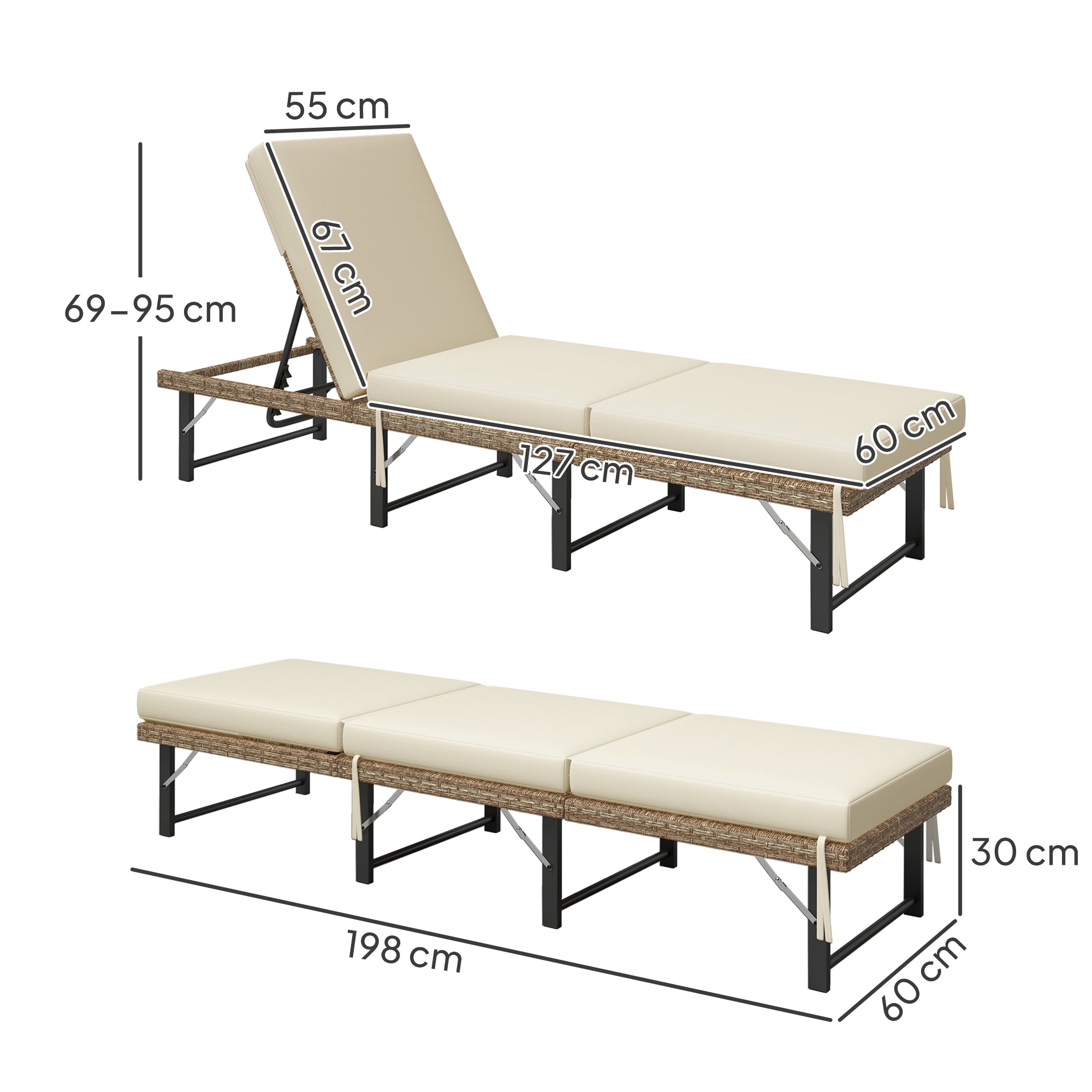 Outsunny Single Folding Rattan Sun Lounger, with Cushion - Grey 