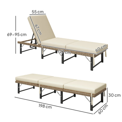 Outsunny Single Folding Rattan Sun Lounger, with Cushion - Grey 