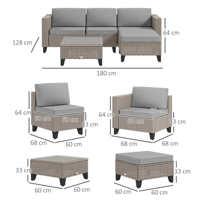 Outsunny 5-Piece Rattan Patio Furniture Set with Corner Sofa, Footstools, Coffee Table, for Poolside, Brown 