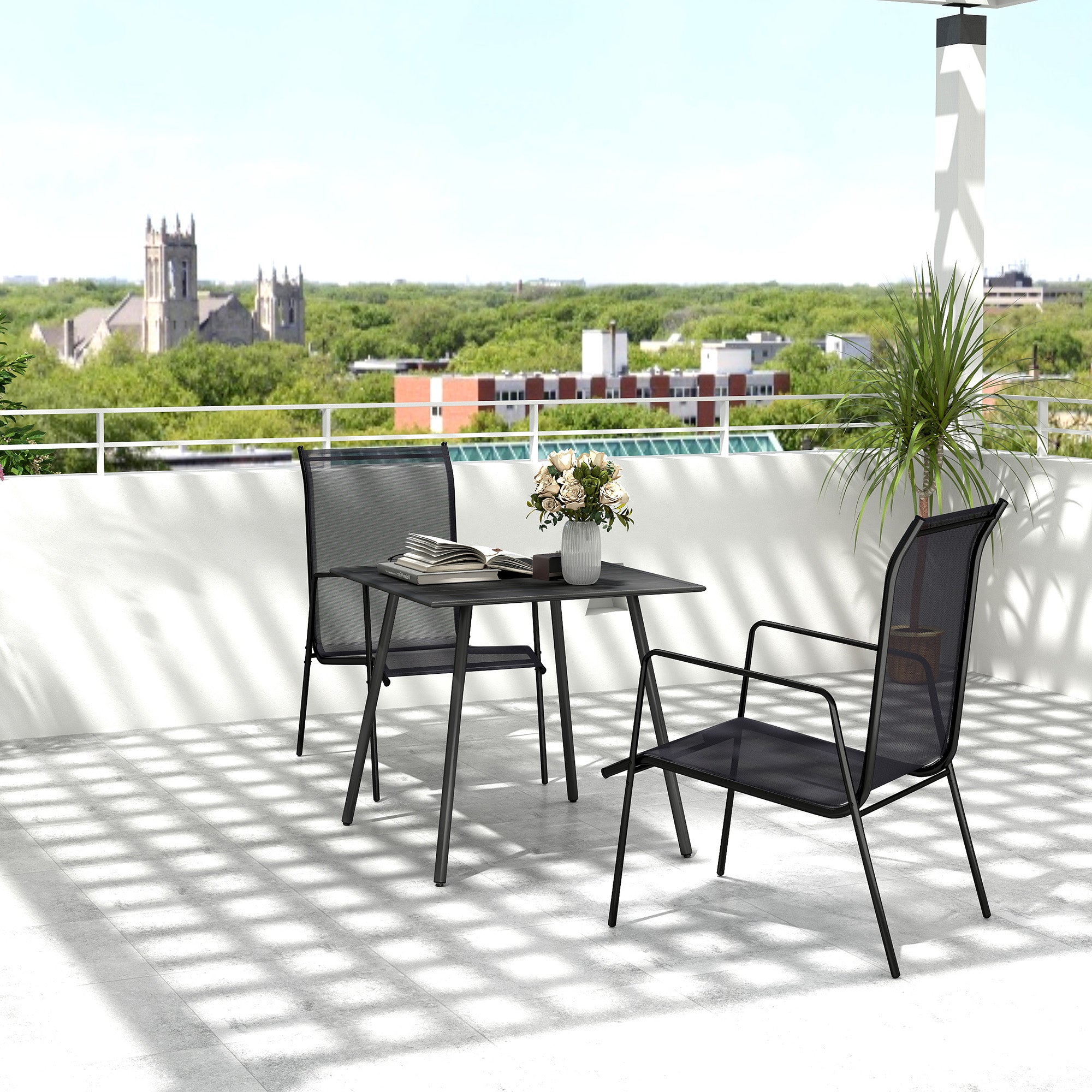 Outsunny Square Garden Table with Slat Top, Steel Frame, Outdoor Table for 4 Person, 80 x 80 x 74 cm, Black 