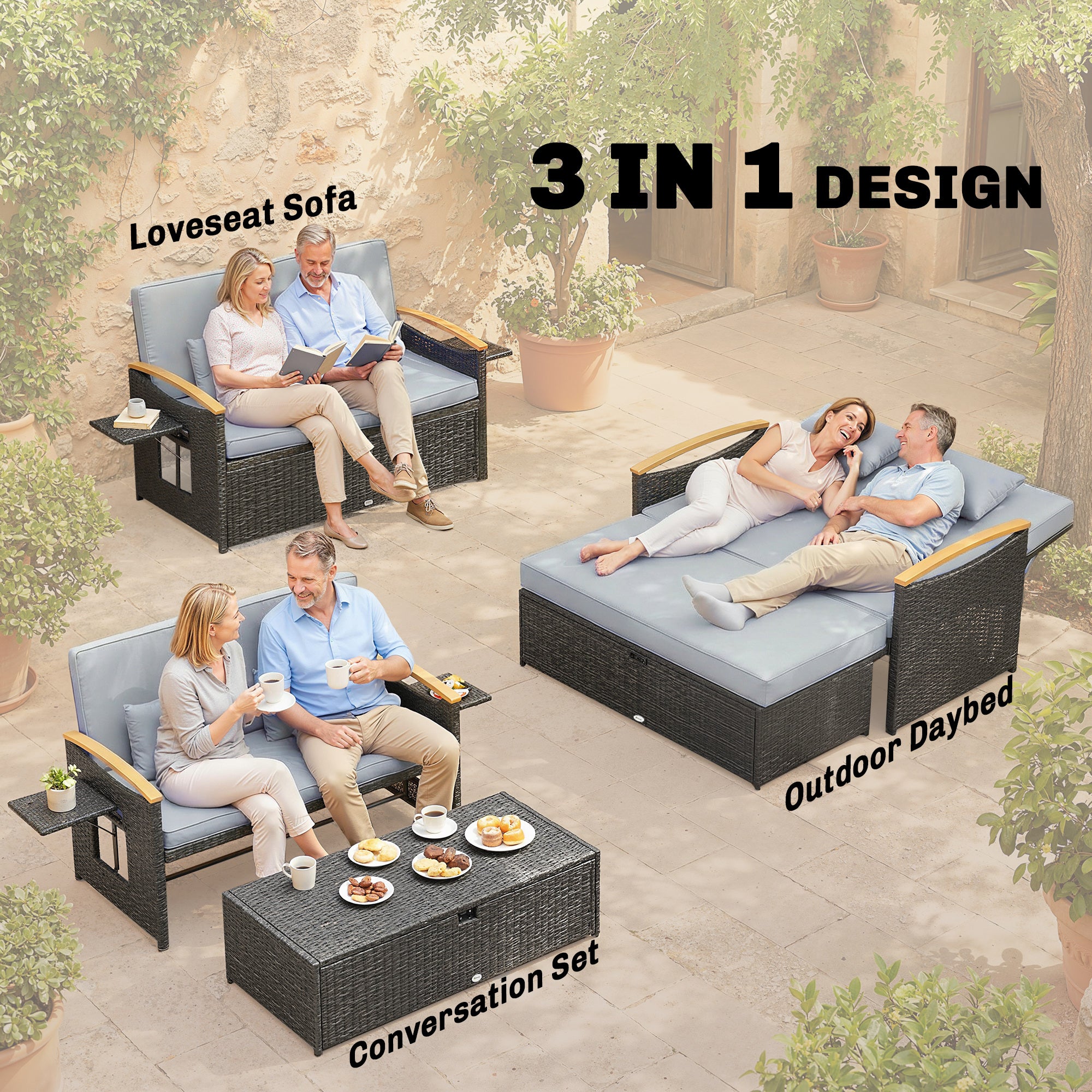Outsunny Double Garden Rattan Daybed, Wicker Sun Bed Chaise Lounger with Storage Ottoman, 4-Level Adjustable Backrest, Dark Grey 