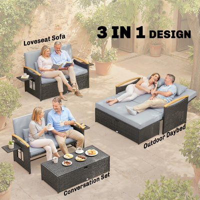 Outsunny Double Garden Rattan Daybed, Wicker Sun Bed Chaise Lounger with Storage Ottoman, 4-Level Adjustable Backrest, Dark Grey 