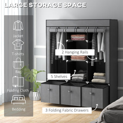 HOMCOM Fabric Wardrobe for Bedroom, Portable Wardrobe with 5 Shelves, 2 Hanging Rails and 3 Fabric Drawers, Foldable Closet, 125 x 43 x 162.5cm, Dark Grey 