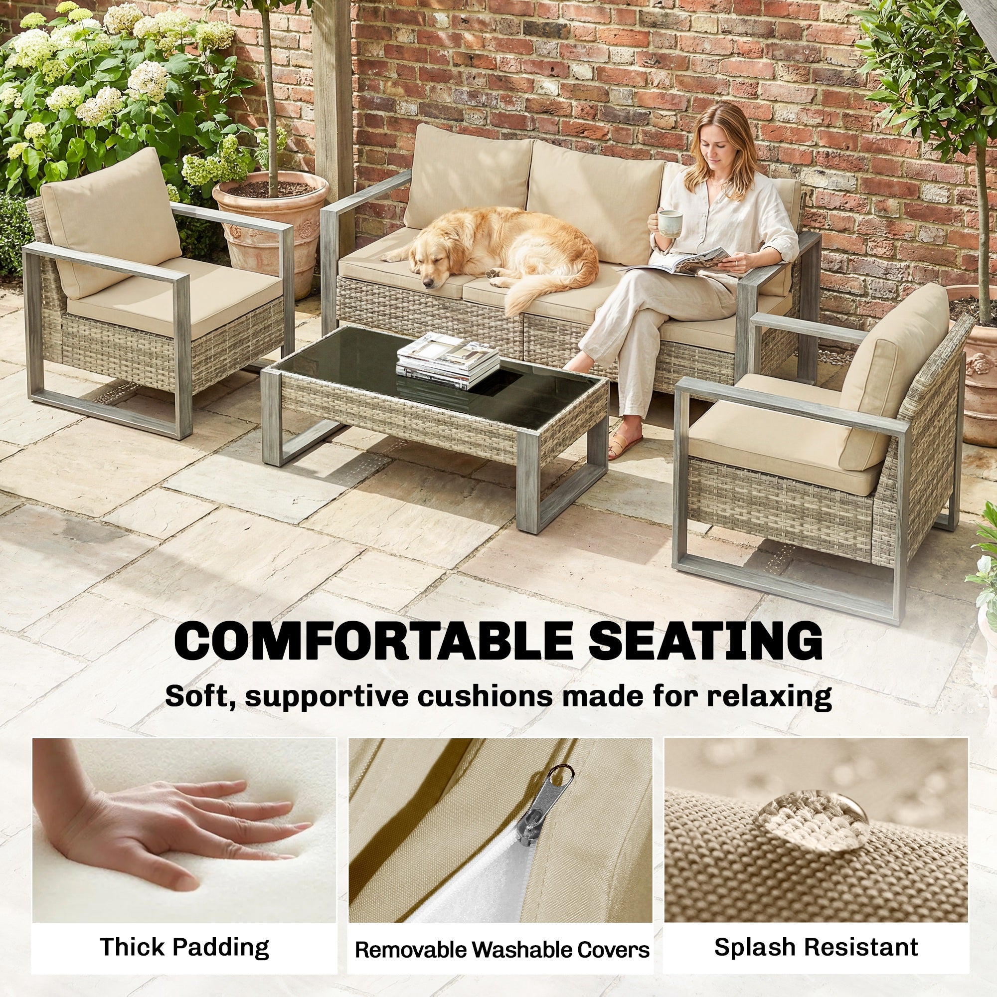 Outsunny 4 Piece Rattan Garden Furniture Set with 3-Seater Sofa, Armchairs, Table, Aluminium Frame Patio Conversation Set, Khaki 