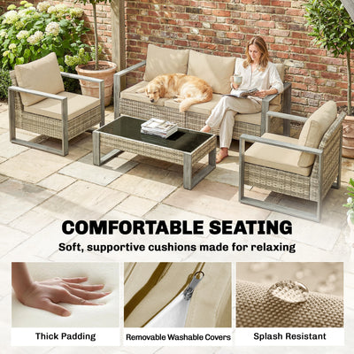Outsunny 4 Piece Rattan Garden Furniture Set with 3-Seater Sofa, Armchairs, Table, Aluminium Frame Patio Conversation Set, Khaki 