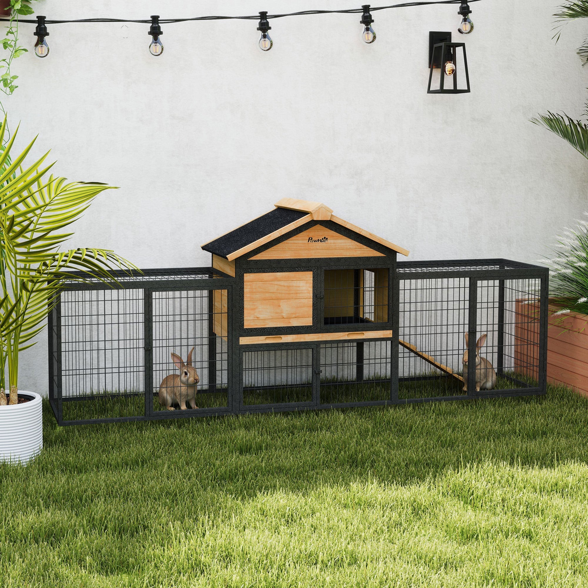 PawHut Wooden Rabbit Hutch Outdoor with Steel Run, Wooden Guinea Pig Cage with Removable Plastic Tray, Asphalt Roof, Ramp 