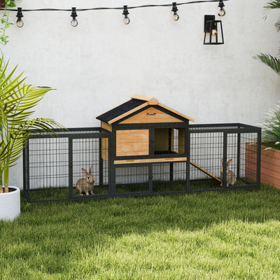 PawHut Wooden Rabbit Hutch Outdoor with Steel Run, Wooden Guinea Pig Cage with Removable Plastic Tray, Asphalt Roof, Ramp 